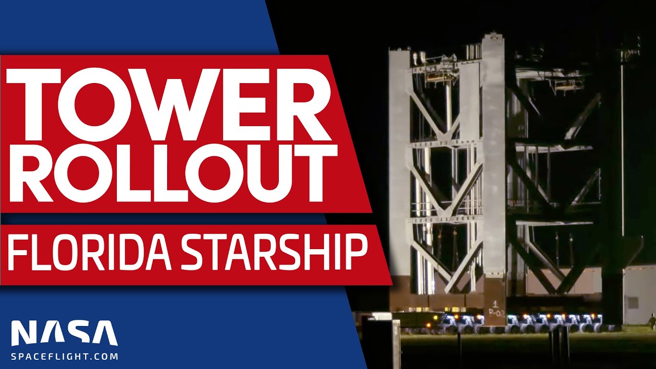 SpaceX Rolls Out Second Starship Tower Section at Kennedy Space Center