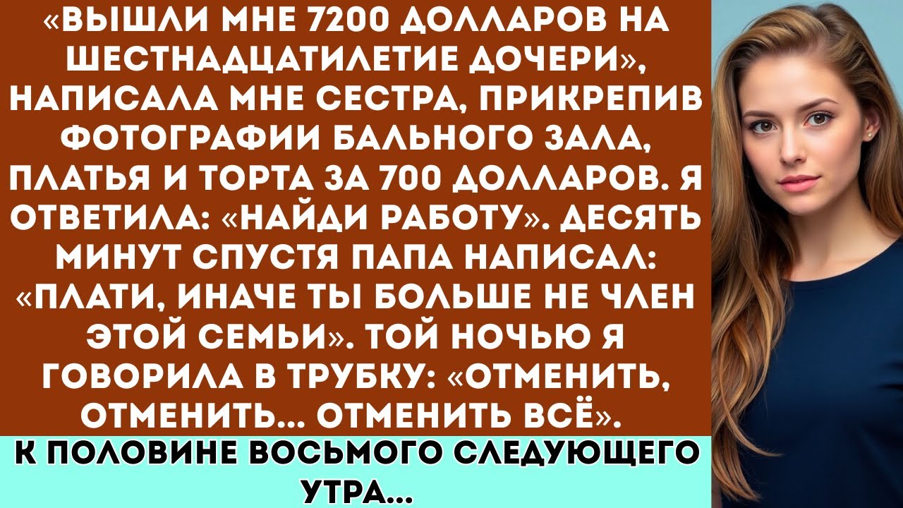 «Вышли мне 7200 долларов на шестнадцатилетие дочери», написала мне сестра, прикрепив фотографии...