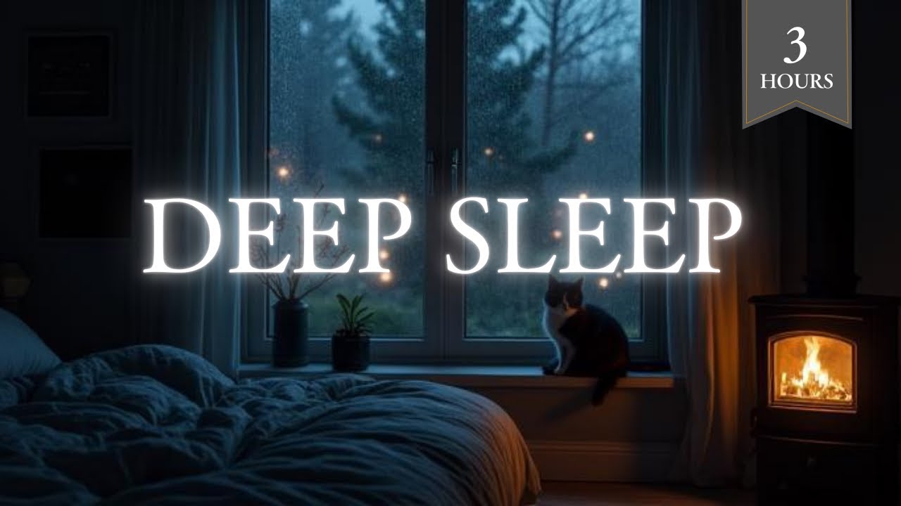 Rain on Window for Deep Sleep 🌧️ Cozy Fireplace Night with Cat | Relaxing Rain Sounds (3 Hours)