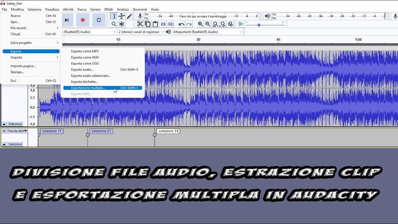 Divisione file audio, estrazione clip e esportazione multipla in Audacity