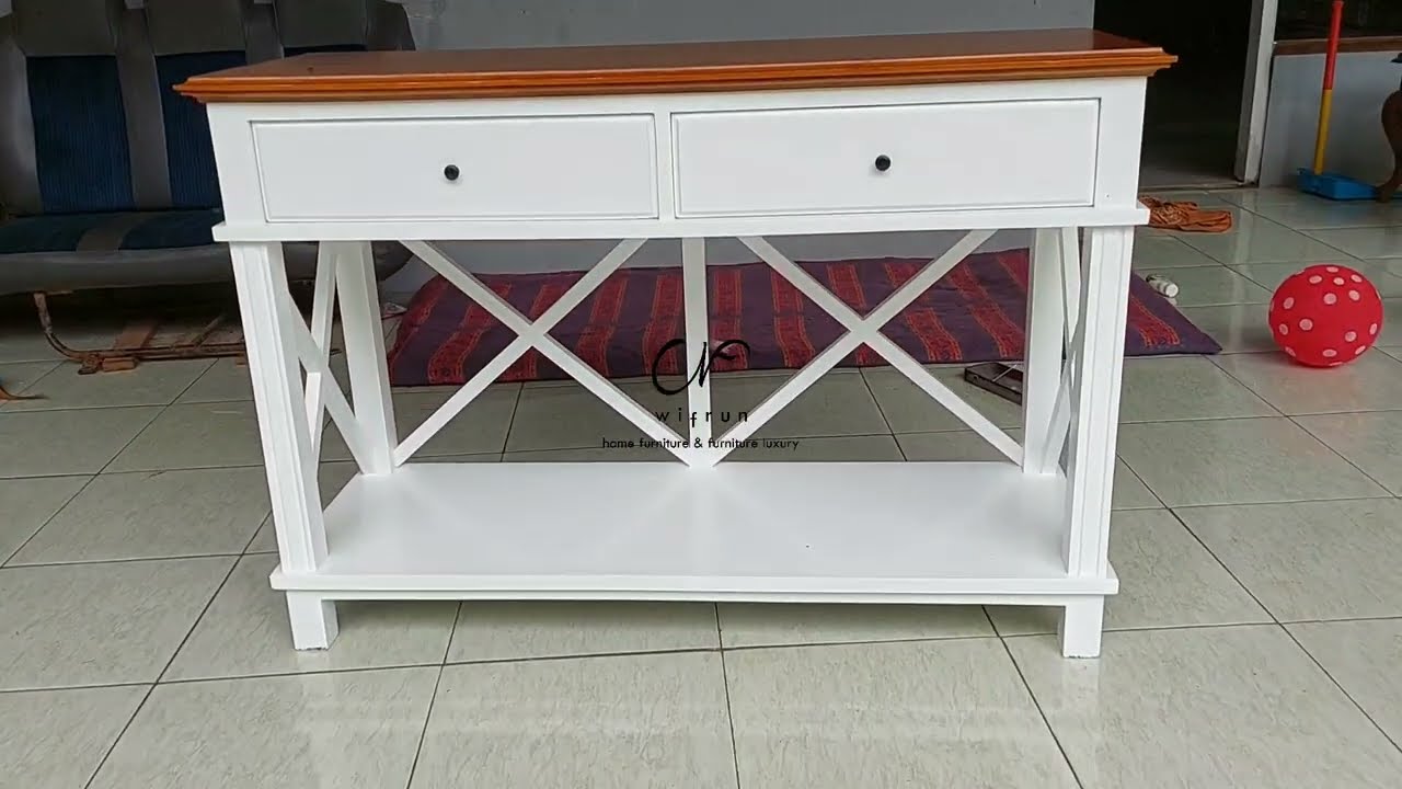 MEJA KONSUL MODEL MINIMALIS DENGAN BAHAN KAYU MAHONI PERHUTANI DENGAN FINISHING CAT DUCO PUTIH