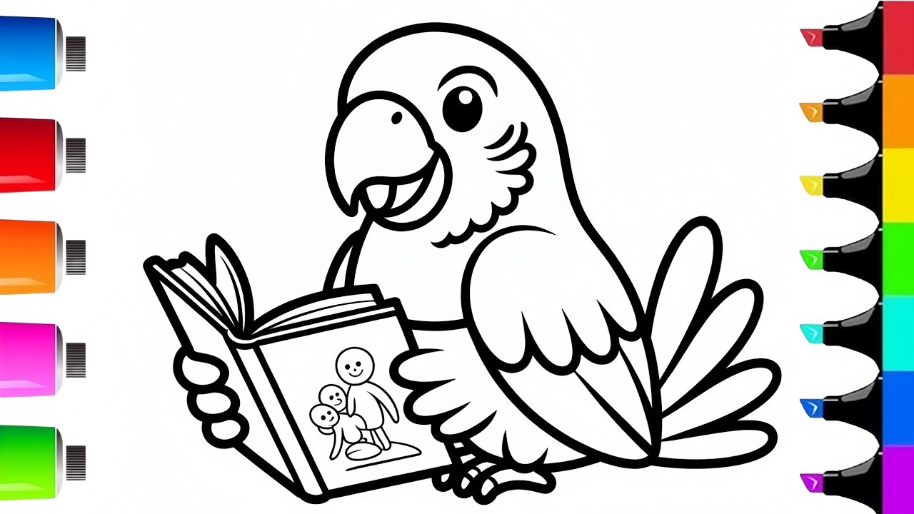 Parrot Reading Book Coloring || Easy Outline Coloring Tutorial 