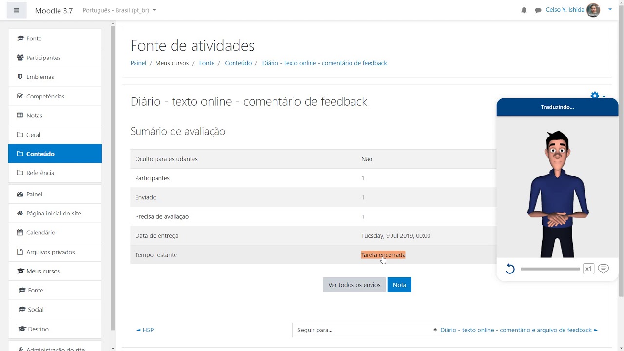 Exemplo de vLibras no Moodle