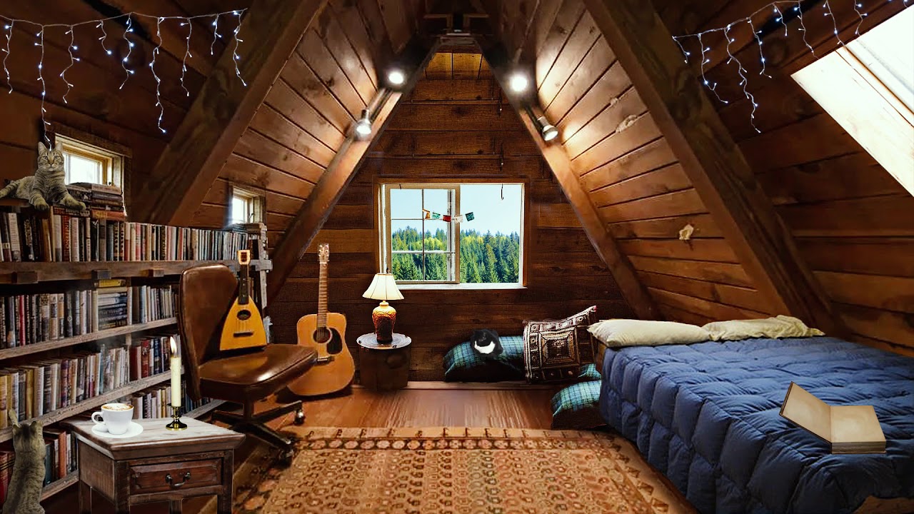 Cozy Attic 🌲 Cabin in the Woods [ASMR] Relaxing Ambience ⋄ Day, Rain & Night ⋄ Guitar🎸Cats🐈Books📚