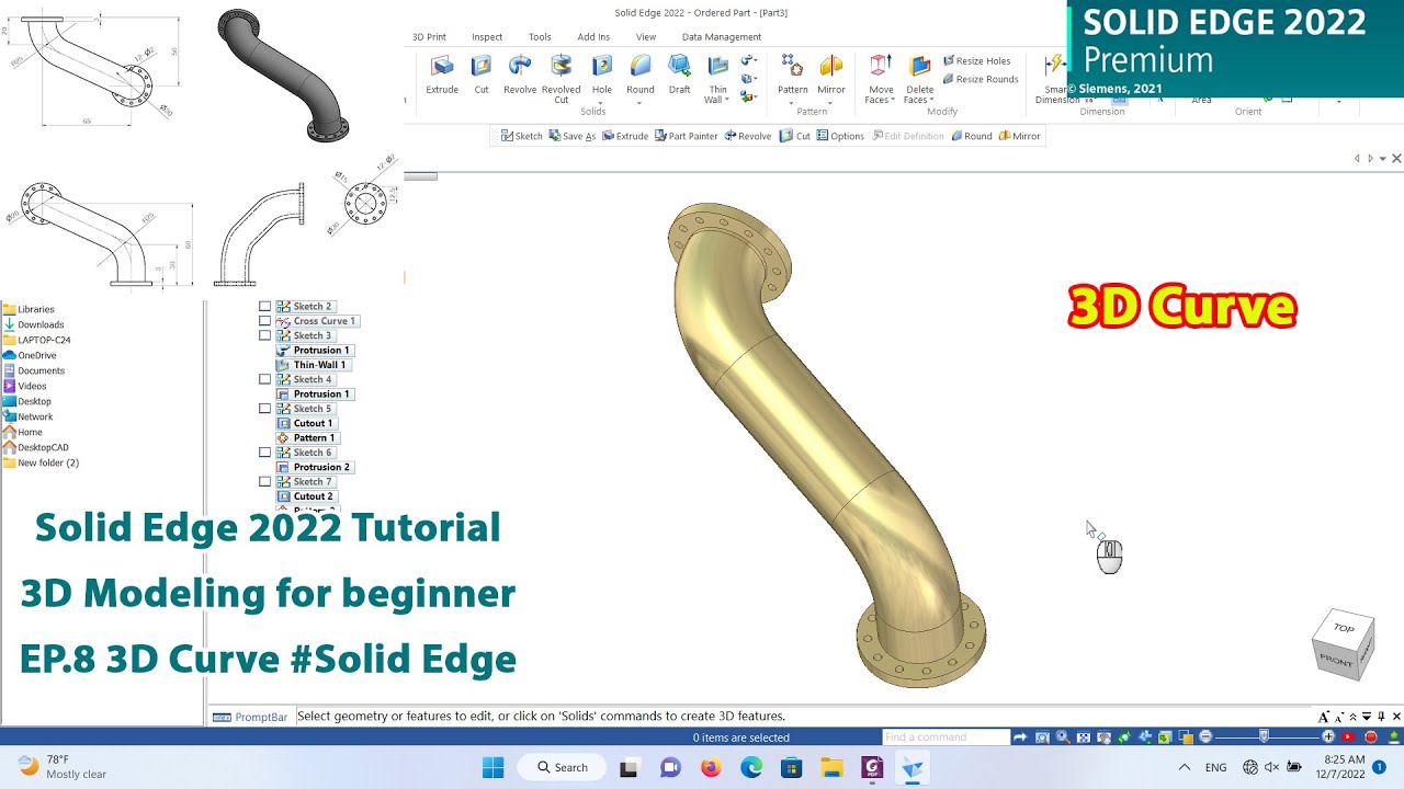 Solid Edge 2022 Tutorial - 3D Modeling for beginner EP.8 3D Curve