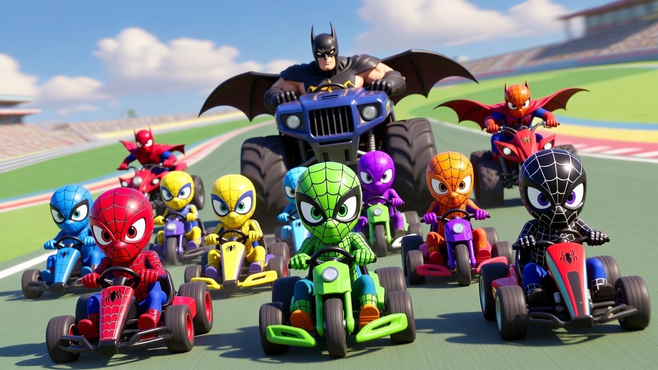🔥 7 Người Nhện Nhiều M&agrave;u + Batman Hulk Đua Xe M&ocirc; H&igrave;nh 🏁 Vượt Chướng Ngại Vật Tượng Hoạt H&igrave;nh Cực Vui