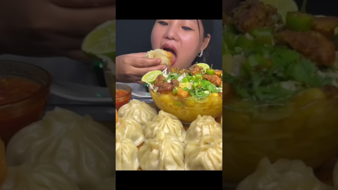 ASMR: Eating momo with noodles 🍜 momo lovers challenge biggest momo eating Mukbang 😍