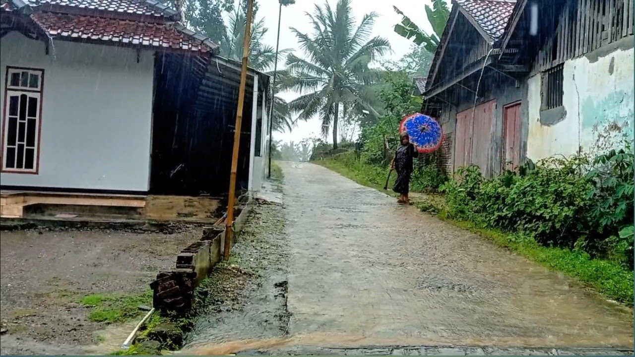 Walking in heavy rain and strong winds in beautiful village | relieve stress, anxiety while sleeping