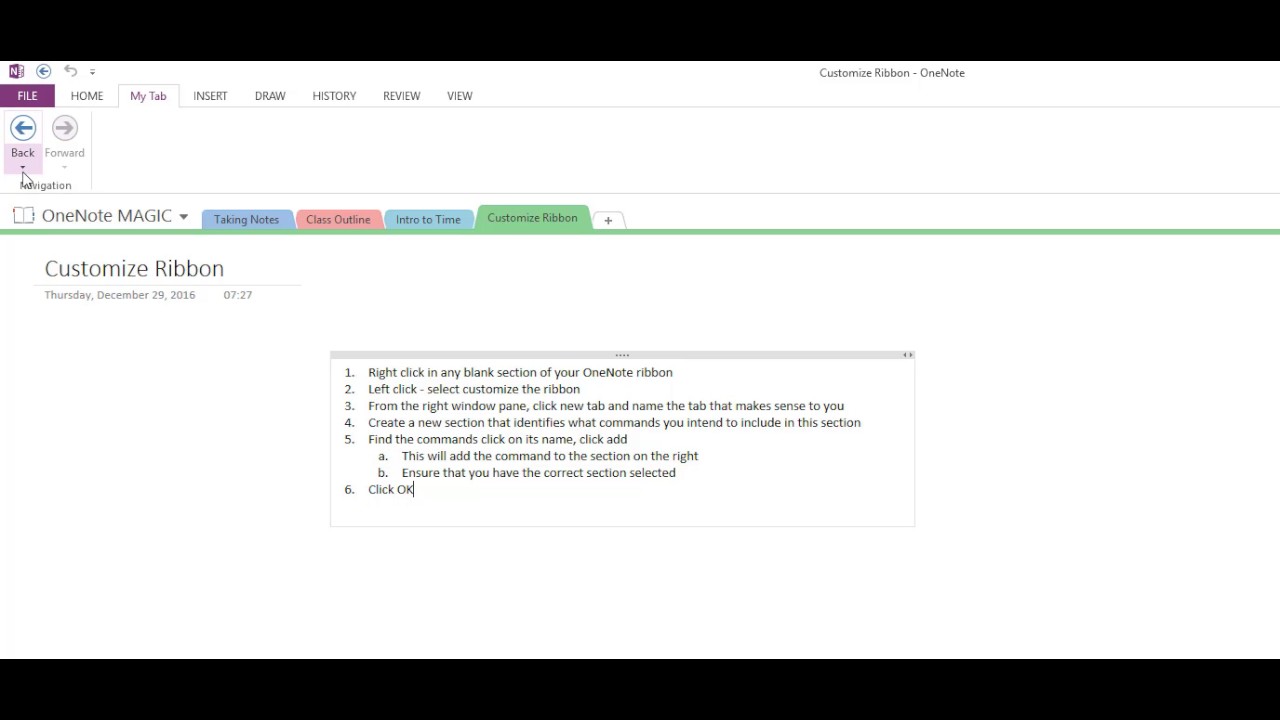 OneNote Customize Ribbon Back Forward Button