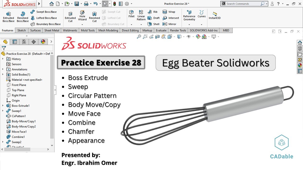 Solidworks Exercise 28 | Egg Beater Solidworks | Direct Editing Tools Solidworks | CADable