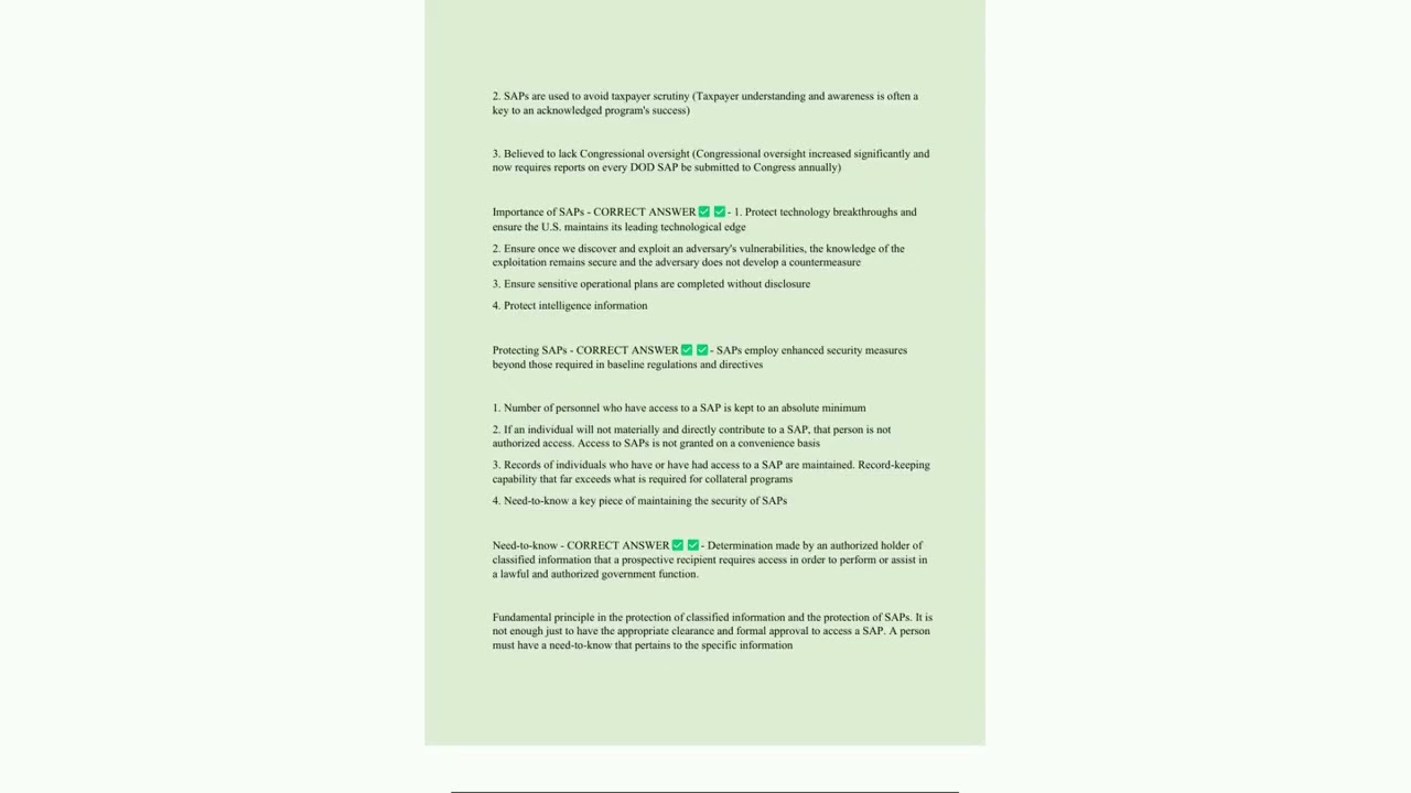 Special Access Program SAP Overview UPDATED Exam Questions and CORRECT Answers
