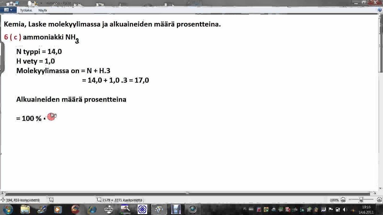 Kemia, ammoniakki NH3 molekyylimassa ja alkuaineiden massa prosentteina
