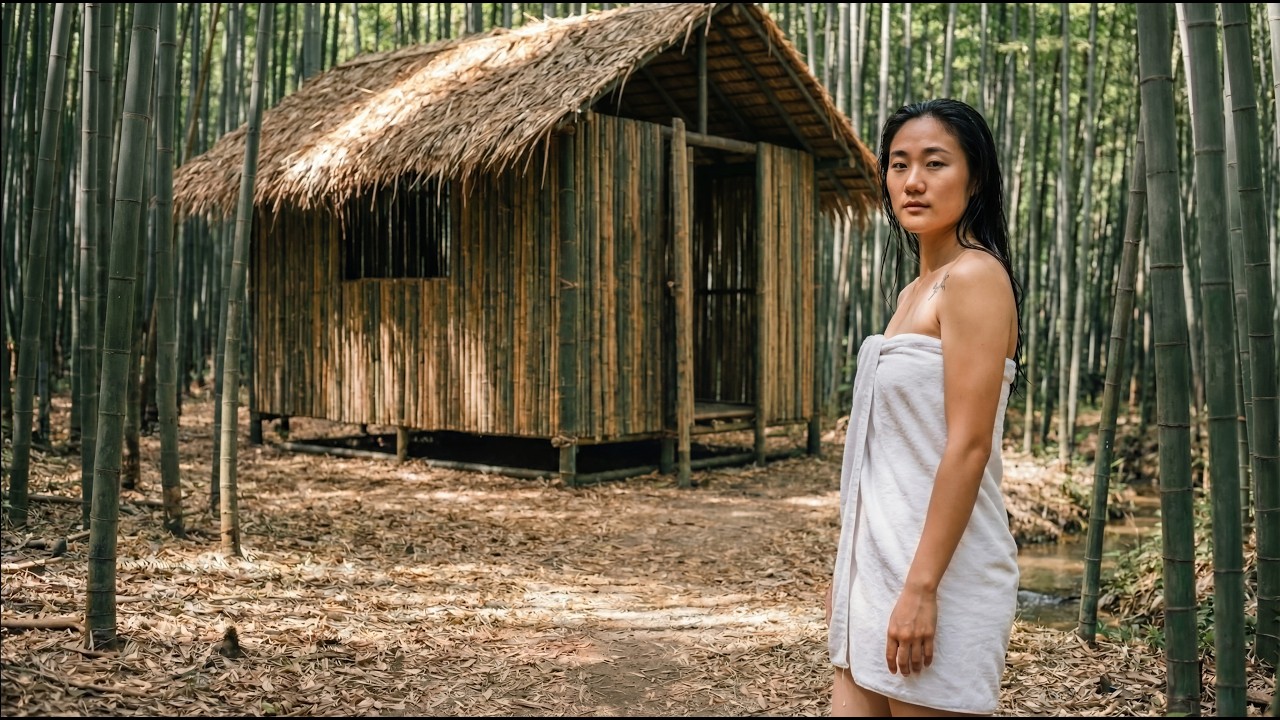 Girl living alone in the forest building a complete bamboo cabin (ASMR)