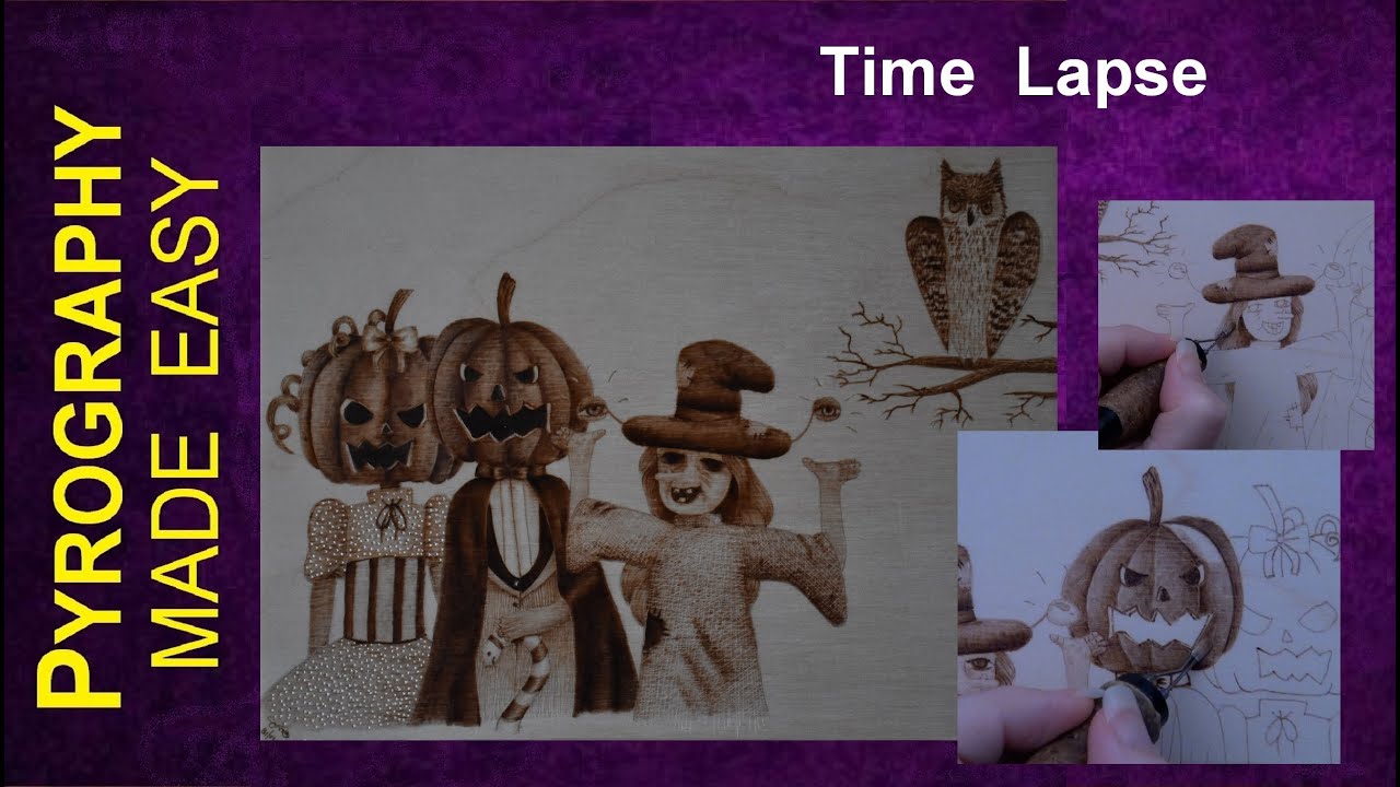 Pyrography Art Halloween wood burning time lapse  (Collaboration Happy Angel Drawings)