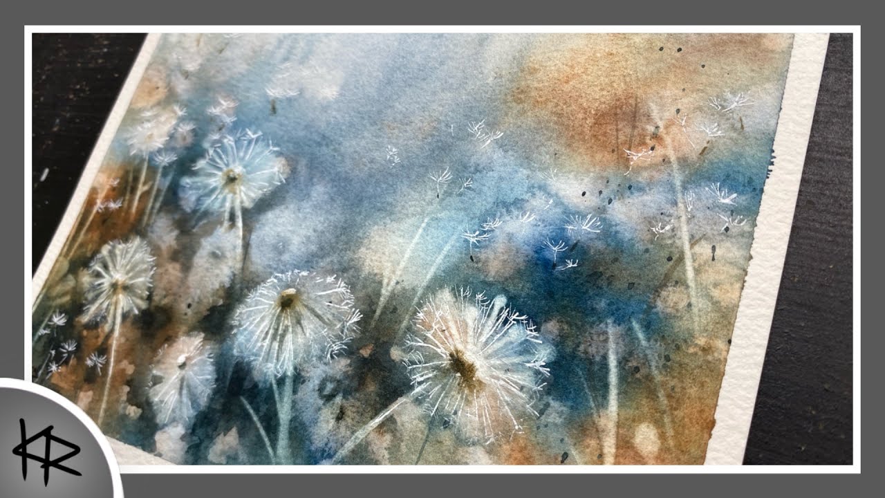 WATERCOLOR abstract floral painting - reverse stenciling & white dip pen - 300