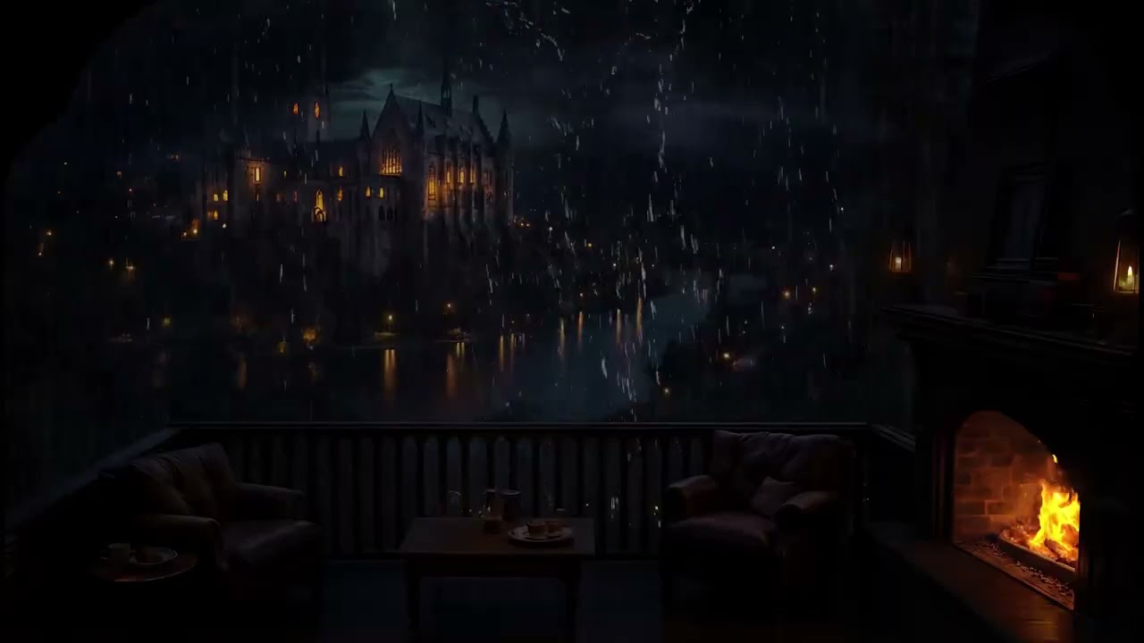Fall Asleep Fast: Heavy Rain on Castle Window & Warm Fireplace Sounds (8 Hours No Ads)