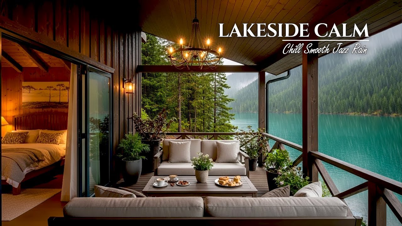 Soft Rain & Smooth Jazz – Lakeside Calm at a Cozy Mountain Cabin