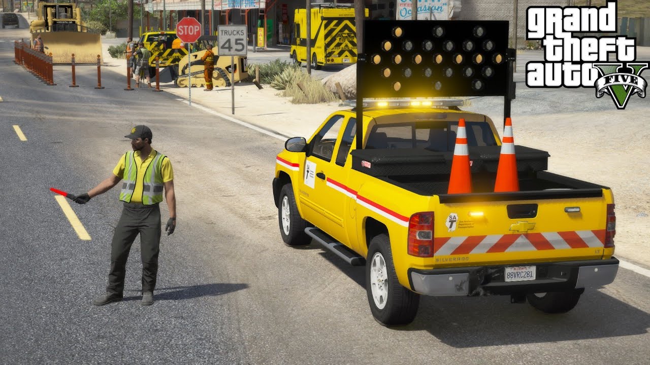 GTA 5 New Department of Transportation Arrow Board Truck Directing Traffic At A Construction Site