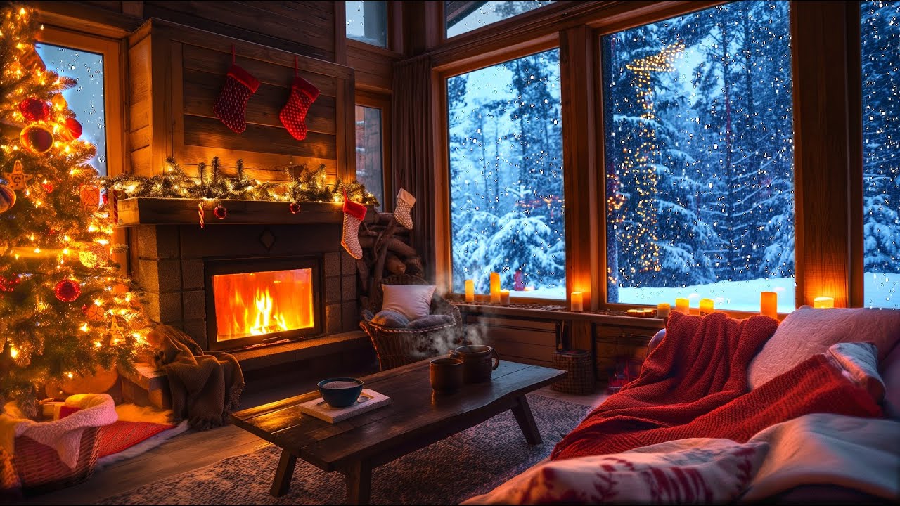 Christmas Cabin Soft Jazz Piano 🎄Fireplace, Snowy weather perfect  for Focus & relaxation