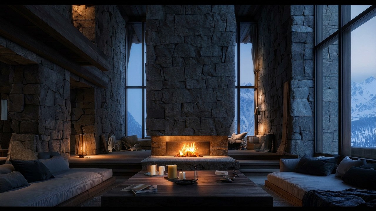 Cozy Fireplace 🔥 Luxury Winter Stone Cabin | Real Crackling Fire & Soft Wind | 4K | 3 Hours