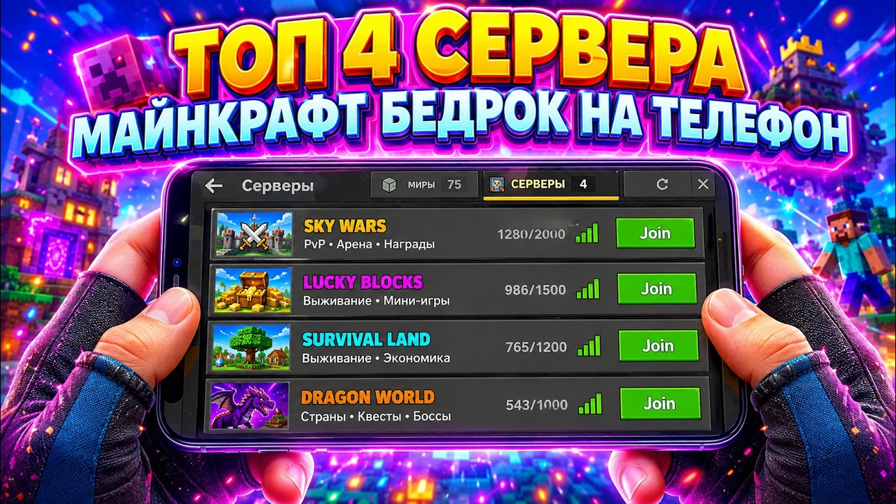 ТОП 4 СЕРВЕРА МАЙНКРАФТ БЕДРОК на ТЕЛЕФОН 26.13