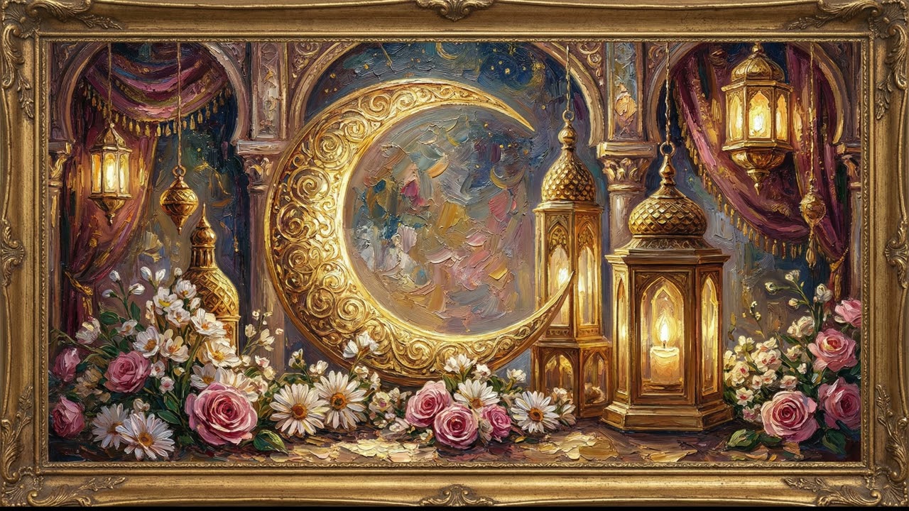 Eid Crescent Moon & Lantern Oil Painting Screensaver | Islamic Frame TV Art | Elegant Ramadan Decor