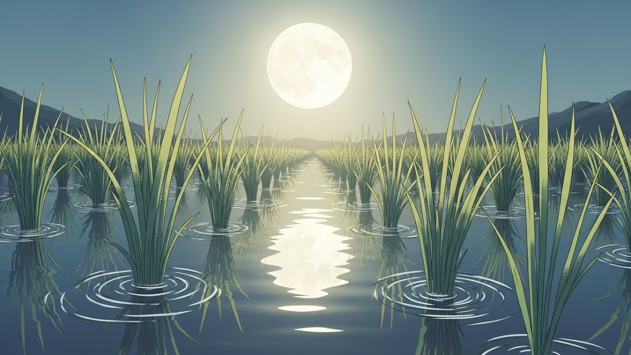 Chill Lofi Peaceful Glow Settling Across Dark Paddies Beneath Star-Touched Evening Skies