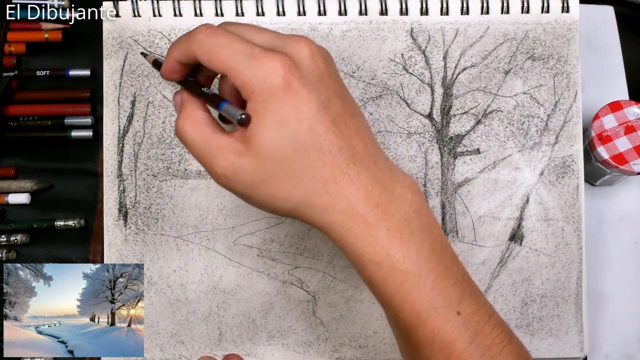 🔴 Cómo Dibujar un Paisaje Invernal Realista: Tutorial Paso a Paso en Carboncillo (Nieve, Árboles)