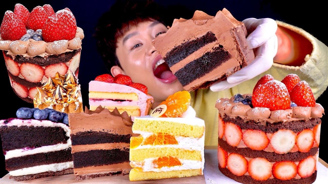 ASMR 딸기초코 생크림케이크 초코타르트 블루베리타르트 레몬타르트 딸기타르트 먹방~! Chocolate Cream Cake With Fresh Fruit Tart MuKBang~!