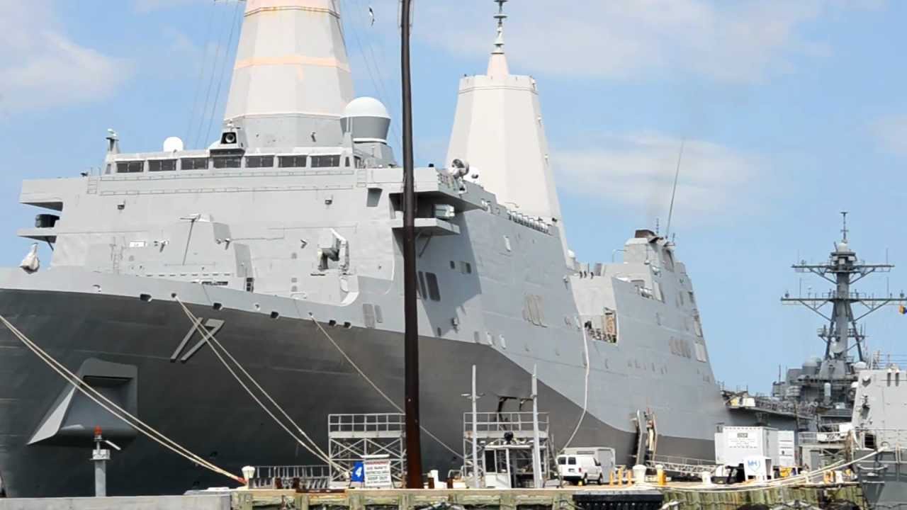 USS San Antonio, LPD-17 and Arleigh Burke class destroyer at Norfolk Naval Base
