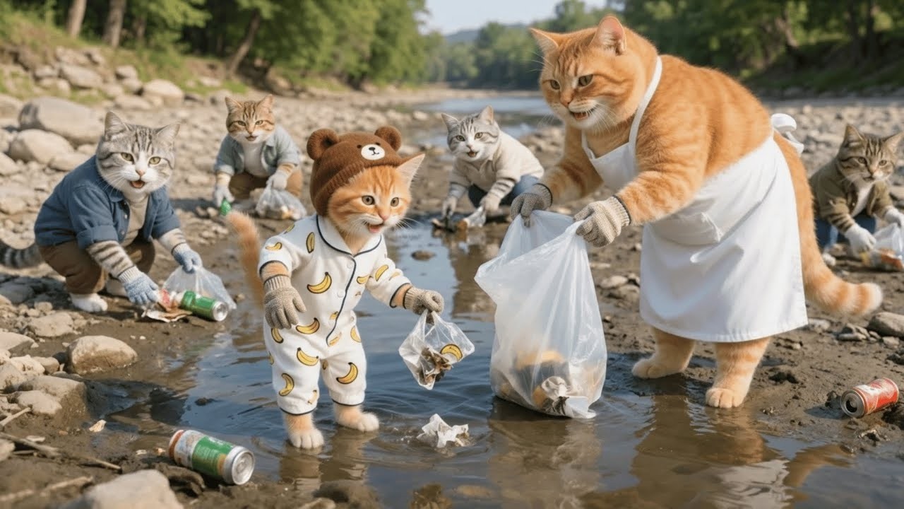 Ginger Kitten and Mama Cat Joined Friends to Protect the Environment and Clean the Neighborhood 🐱🌿