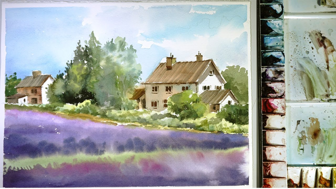 Watercolor Landscape Painting :  lavender farm