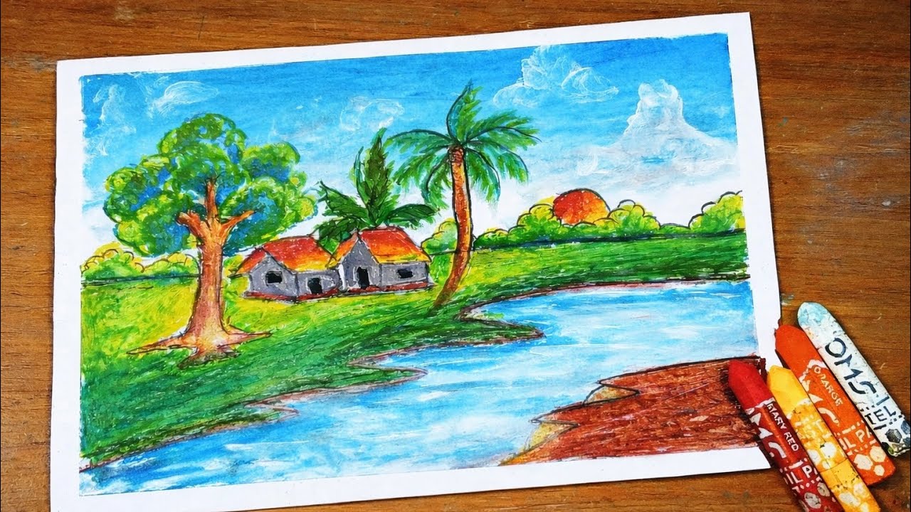 Beautiful Village Scenery Drawing 🎨 | Easy Landscape Drawing for Beginners 