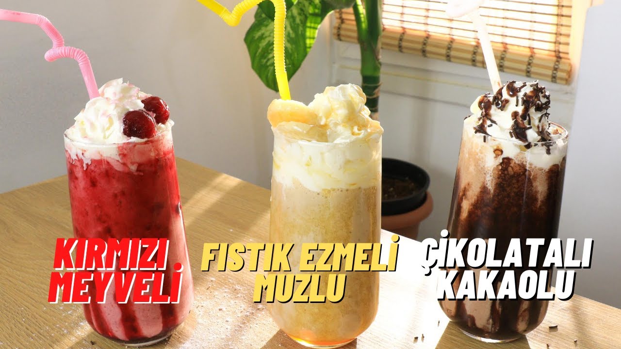 Evde 3 Çeşit DONDURMALI MILKSHAKE Yapımı😍 Çikolatalı Kakaolu, Fıstık Ezmeli Muzlu, Kırmızı Meyveli🍌🍓