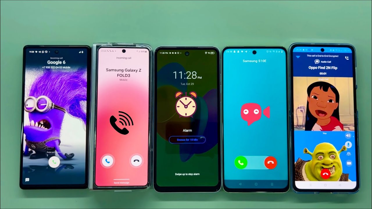 Incoming call Pixel 6 + Z Fold 3 + Realme C67 JusTalk + Oppo Find 2N KT + Tecno Spark Alarm clock