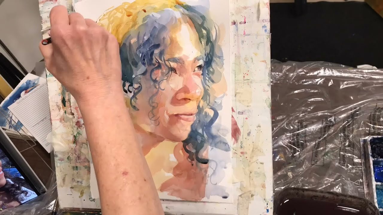 Watercolor painting demonstration of portrait, 