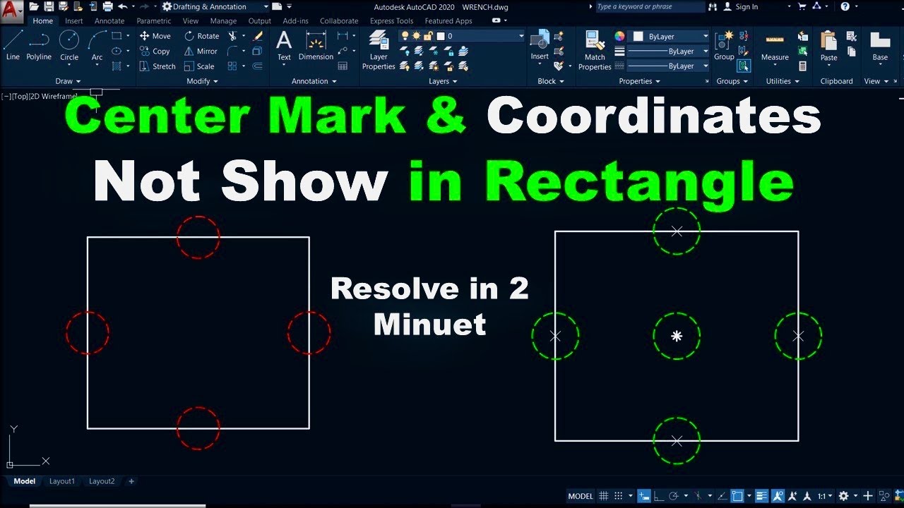 AutoCAD Center Mark & Coordinates Not Show in Rectangle |