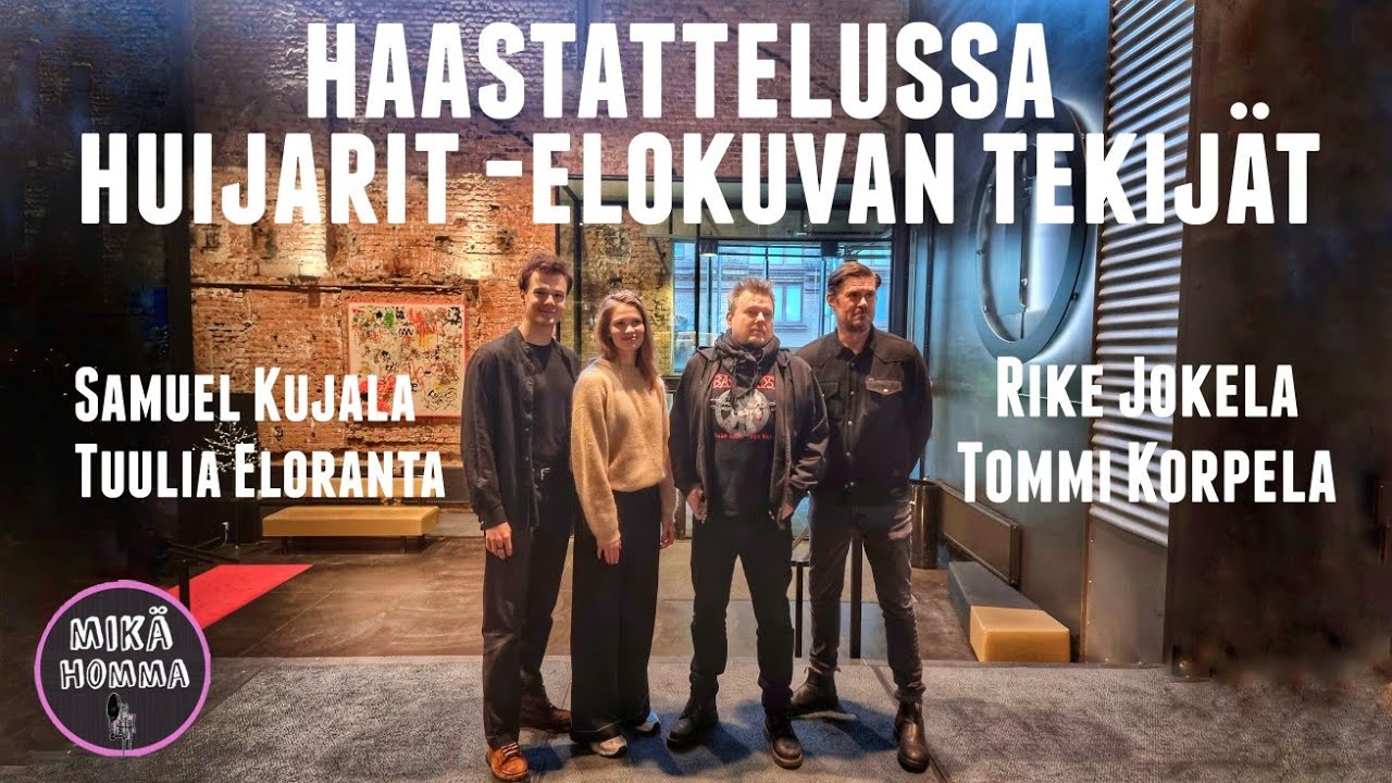 Haastattelussa Huijarit -elokuvan Tuulia Eloranta, Tommi Korpela, Samuel Kujala ja Rike Jokela