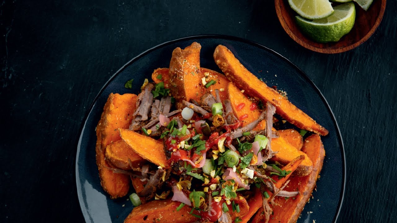 Topped Chip Recipes: Sticky Korean Beef Sweet Potato Wedges