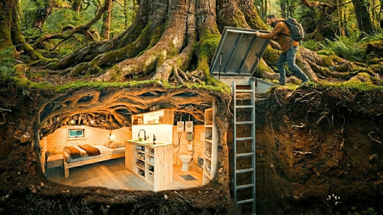 Building a House in the Forest ASMR - A Guy Digs a Secret Underground Bunker Under a Massive Ancient