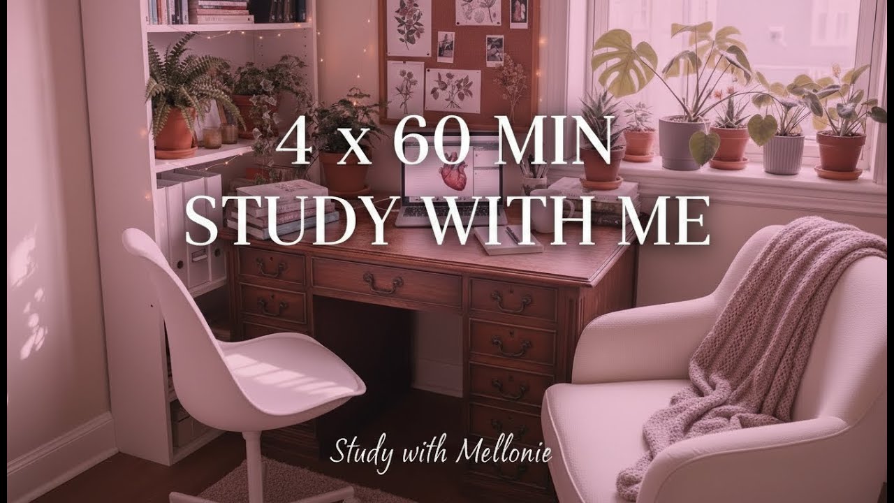 4 Hour Study With Me - 60 Min × 4 Pomodoro Sessions + 10 Min Breaks | Soft Pink Aesthetic