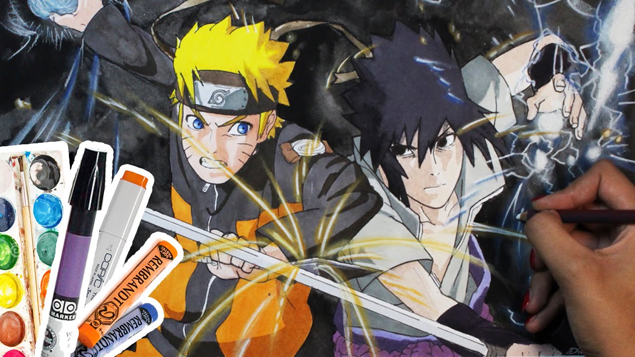 Naruto vs Sasuke | Dibujo combinando técnicas! (Plumones, Acuarelas & Pasteles) | Diana Díaz