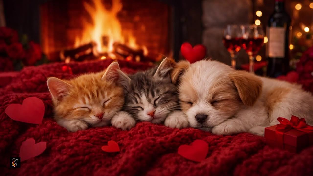 💘 Cozy Valentine Night with Puppy & Kittens by the Fire