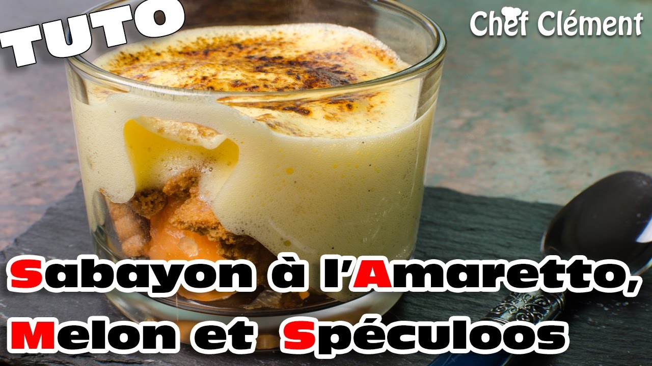 Recette au COOKING CHEF : Sabayon à l'amaretto, billes de melon et spéculoos - Chef Clément