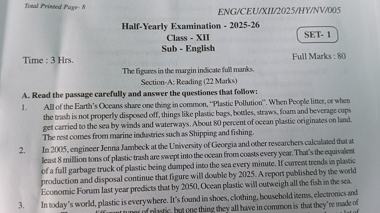 TBSE board class 12 english question paper 2025 for half yearly exam. 