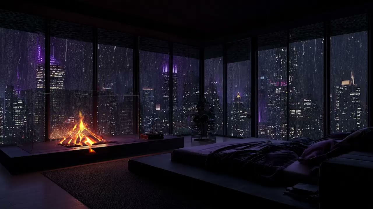 Endless Midnight Rain 🌧️ | Gentle Piano Lounge with Fireplace Crackling for Calm Evenings
