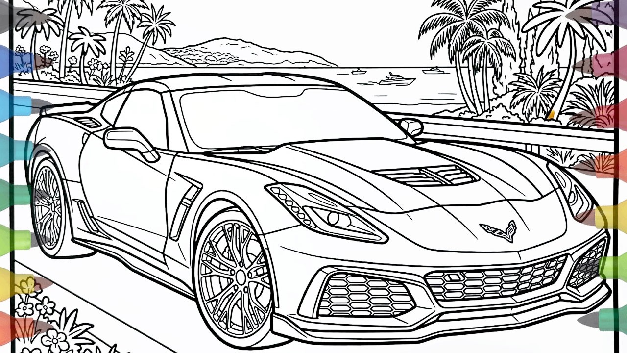 Chevrolet Corvette рядом с пляжем/Спортивные автомобили Chevrolet/Рисунок/Интересные цвета/Рассла...