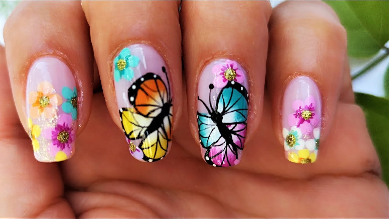 Decoración de uñas mariposas y flores fácil - uñas decoradas con mariposas y flores