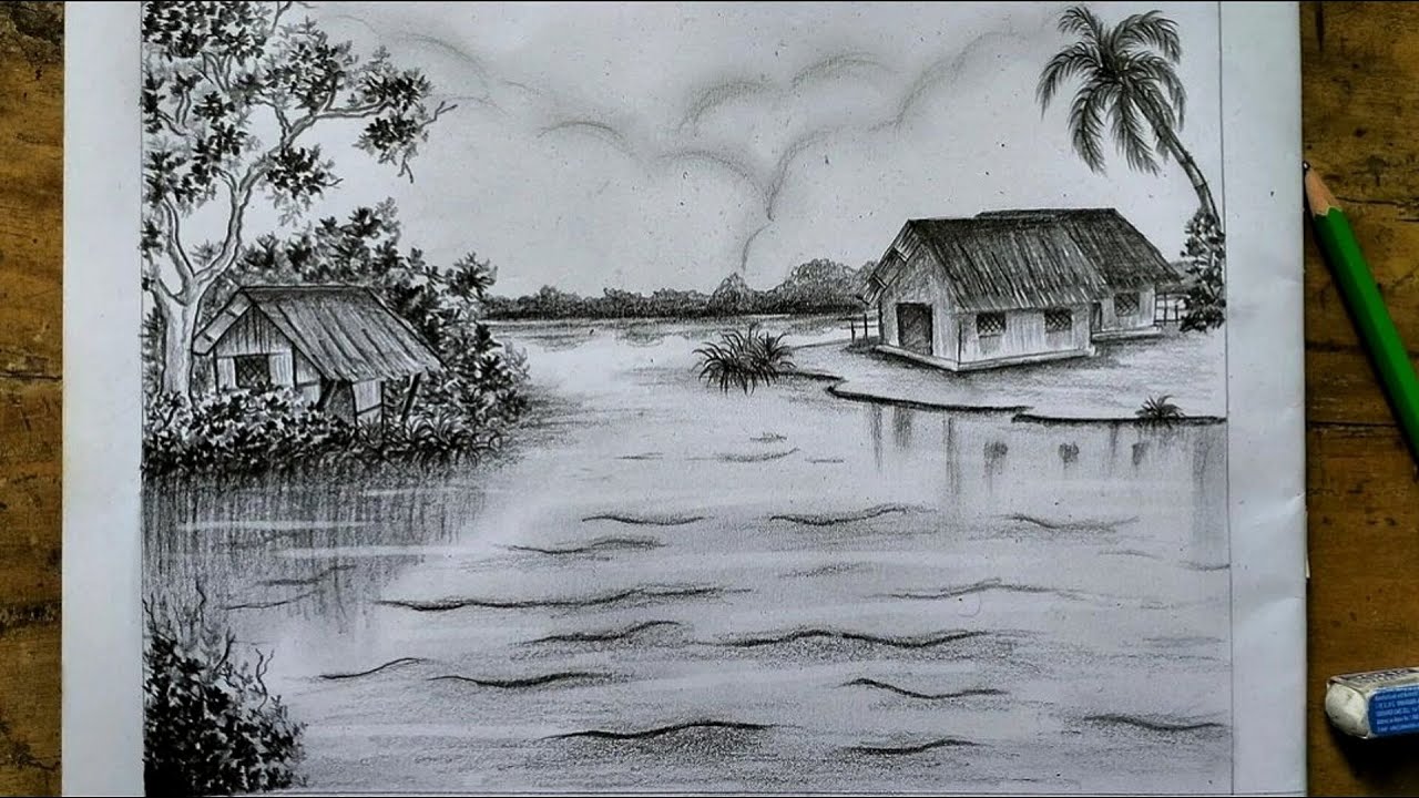 Village Scenery Drawing With Pencil | How To Draw Landscape | Easy Pencil Sketch Drawing