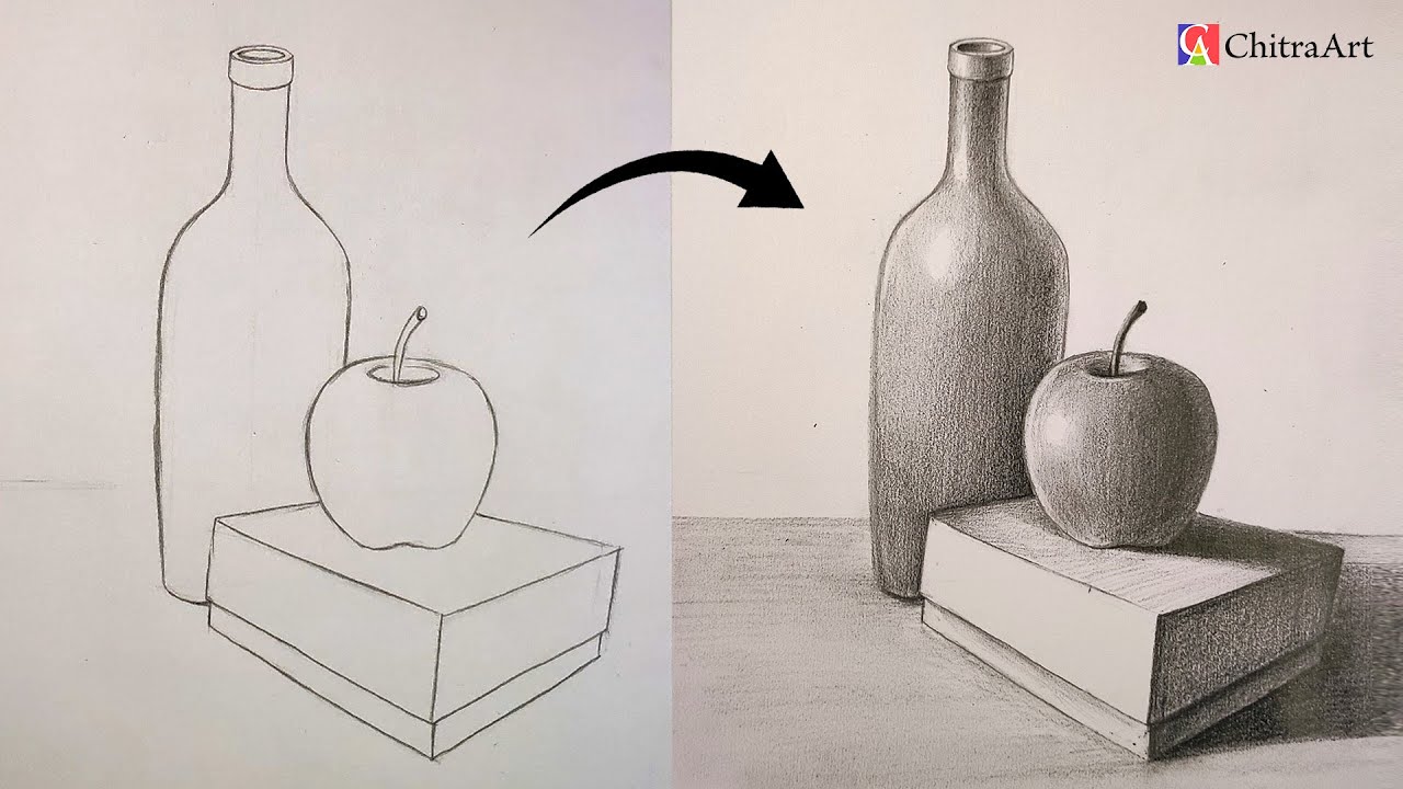 Still Life Drawing Step By Step | How To Draw 3D Objects with Pencil Shading | Apple Drawing Sketch